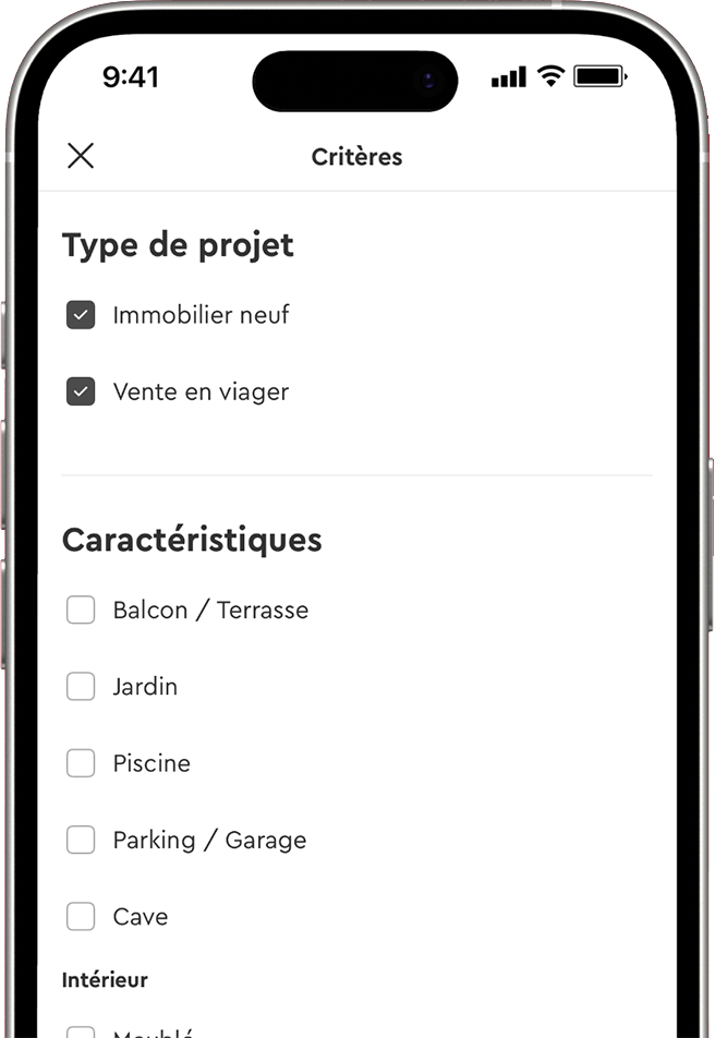 Filtres avancés : budget, nombre de pièces, extérieur, ascenseur…