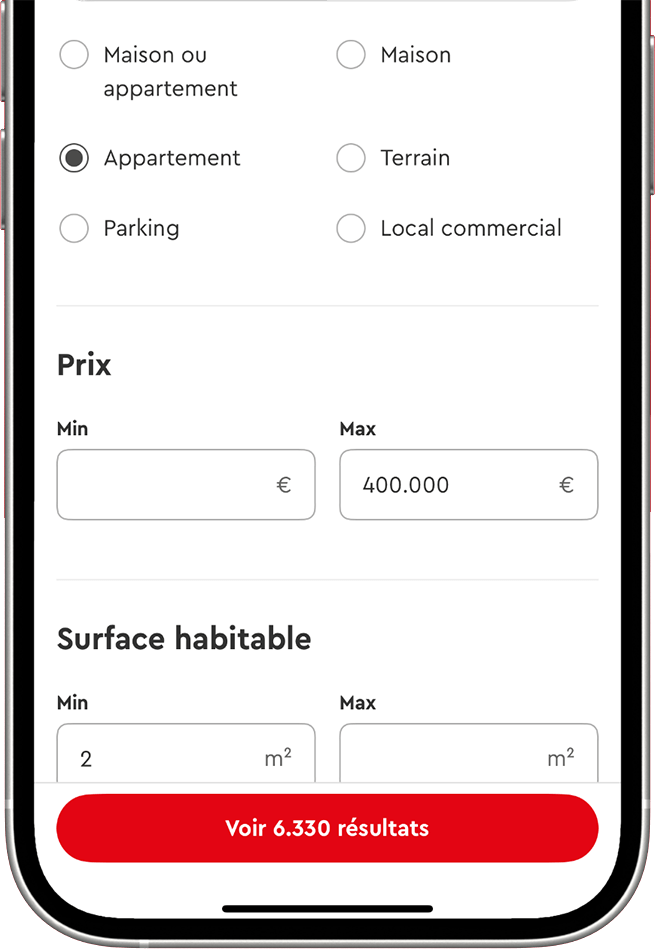 Filtres avancés : budget, nombre de pièces, extérieur, ascenseur…